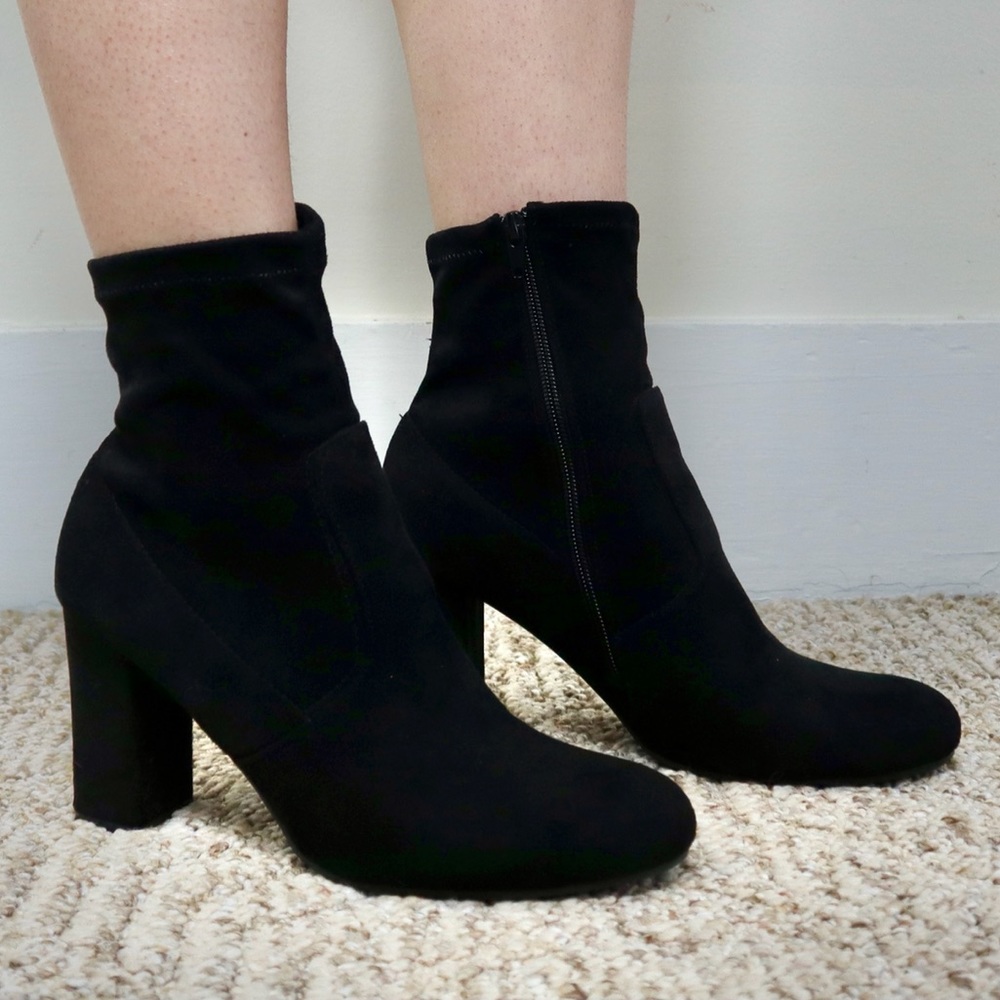 Black Heeled Faux Suede Sock Ankle Boots